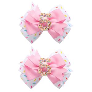 2Pcs Birthday Hair Bow for Baby Girls 2 3 4 5 6 7 Years Sprinkle Decorations Confetti Ice Cream Party Pink Pigtail Hair Accessories for Five 5th Birthday