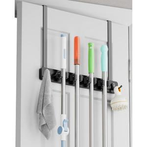 BS-VOG Over the Door Broom and Mop Holder, Broom Hanger, 4 Slots & 4 Hooks | Wooden Broom Holder Door Mount, No Drilling Required, EVA Door Protection Pads, Closet Garage Laundry Use, Black