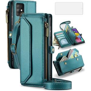 Asuwish Phone Case for Samsung Galaxy A51 4G Zipper Wallet Cover with Tempered Glass Screen Protector and Flip RFID Blocking Cash Card Holder Cell Accessories A 51 M40S 51A A515F S51 Women Girls Green