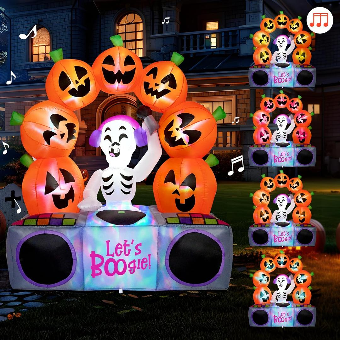 Joiedomi 6 FT Tall Halloween Inflatable Outdoor Decoration, Halloween Decor Outdoor Blow Up Pumpkin, Inflatable Skeleton with Colorful LEDs and Music, Blow Up Party Decoration