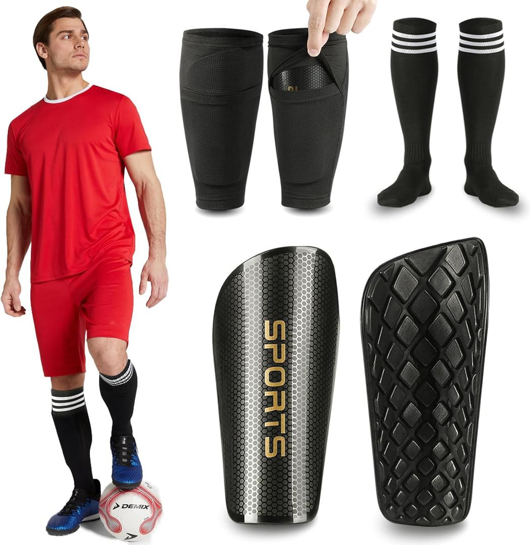 Soccer Shin Guards for Kids Youth Adults, Sports Shin Guard Sleeves with Optimized Insert Pocket, Calf Protective Gear Shin Guards for Boys Girls Men Women (Black, XL)