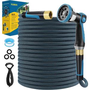 Non-Expandable Garden Hose 150 FT, Lightweight Hose with 10 Function Spray Nozzle, Kink-Free Flexible Water Hose, Durable, Leak-Proof, 360 Swivel Connectors, Portable Storage Strap
