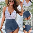 Blooming Jelly Women One Piece Swim Dress Tummy Control Swimsuits Slimming Mesh Sheer Sarong Wraps Bathing Suit (XX-Large, Blue Stripes)