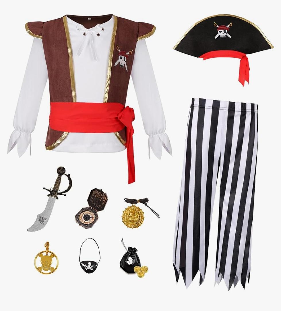 Kids Pirate Costume for Boys with Pirate Accessories Set Halloween Party Dress Up. size M
