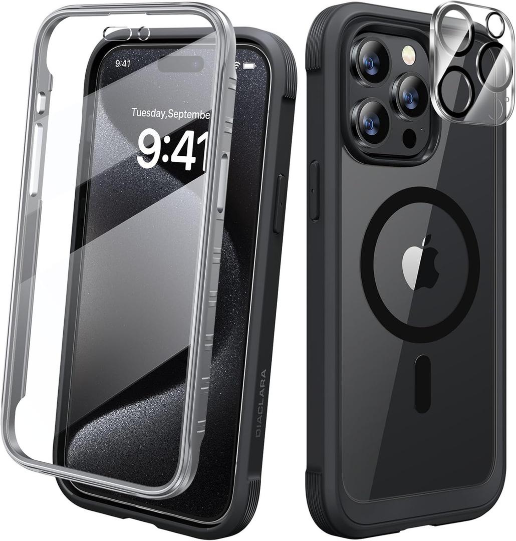 Diaclara Magnetic for iPhone 15 Pro Case, [Military-Grade Drop Proof & Fit for MagSafe] Built-in Shockproof Screen Protector, [Camera Lens Protector] Phone Cover for iPhone 15 Pro 6.1"(Black)
