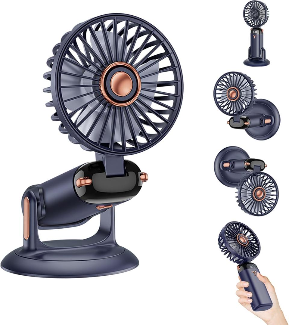 360 Rotating Folding Handheld Fan - 5 Speed Adjustable,Powerful Rechargeable Fan-2400mAh Battery, 12-Hour Runtime,Mini Portable Fan for Handheld, neck, desktop, wall mounted (Blue)