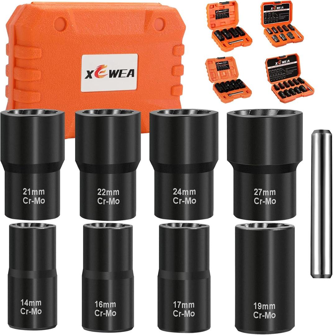 XEWEA 9PCS Lug Nut Extractor Set, 1/2" Drive Impact Bolt Remover Socket Tool, Wheel Lock Removal Kit, Easy Out Extractor Set for Damaged, Frozen, Rusted, Rounded-Off Bolts, Father's Day Gift (9pcs 1/2" Drive)