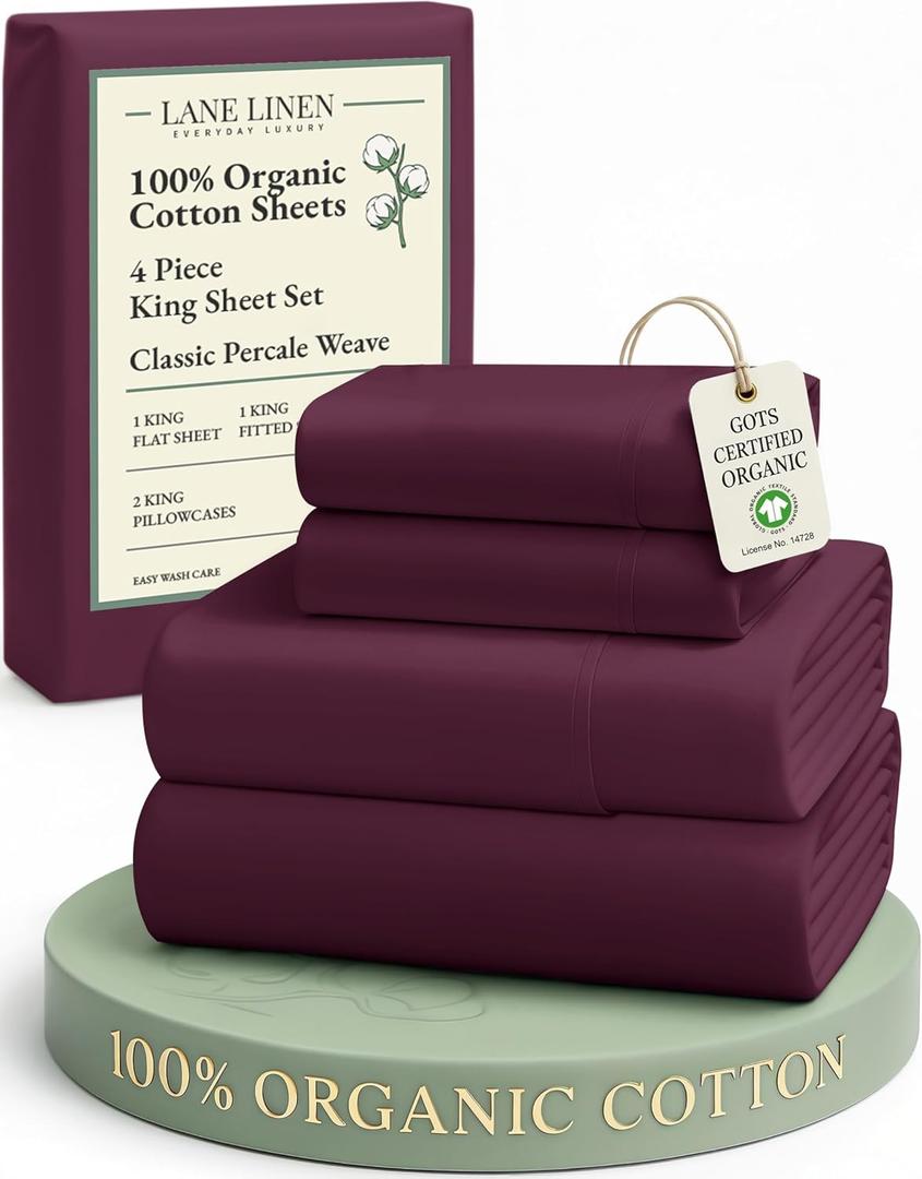 LANE LINEN 100% Organic Cotton Sheets King Size, Machine Washable Fully Elasticized Low Pill Fade Resistant Cotton Sheets, Soft & Comfy Percale Eco Friendly sbanas King - Windsor Wine