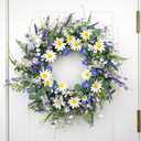 22 Inches Summer Wreaths for Front Door Blue Summer Door Wreath Spring Floral Wreath with Wildflower Lanvender for Wall Porch Indoors Outdoor Window Home Decorations