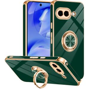 Tnarru Designed for Google Pixel 9a Case with Ring Stand, Support Magnetic Car Mount Rotating Finger Holder Soft TPU Cover Plating Edge Slim Phone Case for Pixel 9A Green