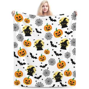 Halloween Blanket for Women Men, Witch's Hat Cat and Pumpkins Bats Blanket for Couch Bed Living Room, Halloween Decor Gifts for Spooky Season, 60"X50"