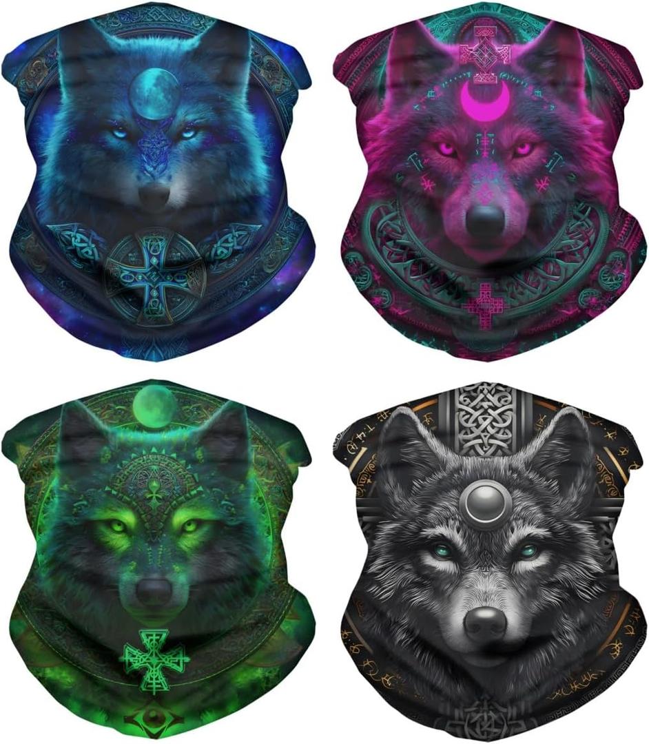 GLUDEAR Wolf 3D Print Balaclava Neck Gaiter Tube Face Bandana Scarf for Dust Wind Sun Protection (One Size, 4pcs Cool Wolf Moon)