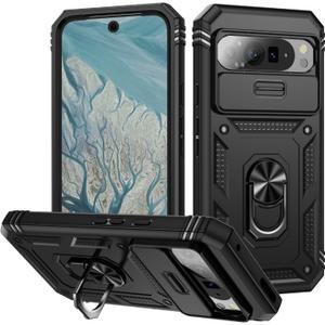 for Google Pixel 9 Pro XL Case Military Grade Drop Shock Protection Cell Phone Cover with Slide Camera Cover Built-in 360 Rotate Ring Stand for Pixel 9 Pro XL 6.8 - Black