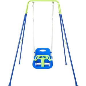 FUNLIO Toddler Swing with Foldable Metal Stand for Toddlers Aged 1~10 Years, 3-in-1 Baby Swing Set with 4 Sandbags for Backyard/Indoor/Outdoor Play, Easy to Assemble & Store - Bluegreen