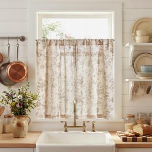 Jinchan Amlie Floral Kitchen Curtains 36 Inch Length Linen Cafe Curtains Small Window Drapes Light Filtering Botanical Farmhouse for Bedroom Bathroom Rod Pocket 2 Panels Taupe on Linen, 26"W x 36"L