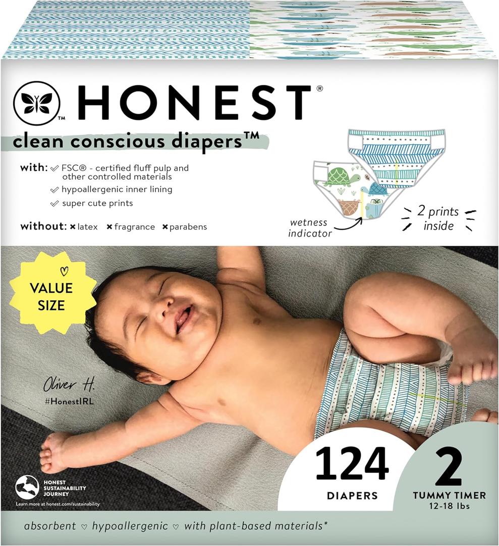 The Honest Company Clean Conscious Diapers for Sensitive Skin | Hypoallergenic, Fragrance Free | Gender Neutral Prints | Super Club Box, Size 2 (12-18 lbs), 124 Count (Prints May Temporarily Vary)