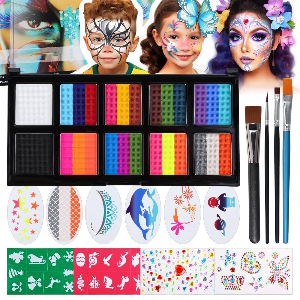 Janolia Face Painting Kit for Kids, Rainbow Face Paint Kit, Water Activated Face Paint, Macaron Color Split Cake Body Paint, Ideal Facepaint Makeup Kit for Kids Party Halloween Carnival Easter