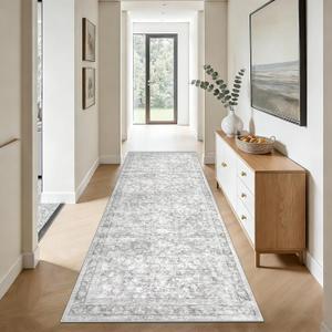 2x8 Hallway Runner Rug: Washable Vintage Floral Entryway Rugs Low Pile Non-Slip Boho Carpet for Kitchen, Bedroom, Bathroom, Dining Room (Grey, 2'x8')