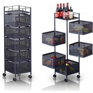 37.6in Metal Mesh 5 Tier Rolling Storage Cart with Top Lid, Rotating Kitchen Storage Cart with No Assembly, Organizador De Frutas y Verduras, Rolling Cart Organizer for Fruit Vegetable Grocery, 37.5in