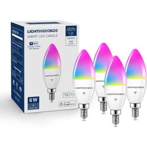 Lightinginside E12 Smart Light Bulbs 60W Equiv., Work with Alexa/Google Home/Smart Life, 500LM 6W RGBCW Candle Candelabra LED Light Bulbs, No Hub Required, 2.4G WiFi Bluetooth Bulb, ETL Listed, 4PCS