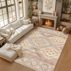 Washable Boho Area Rug 8'10' Western Khaki Brown Yellow Geometry Boho Large Living Room Rug Floral Non-Slip Colorful Indoor Decor Soft Oriental Vintage Bedroom Carpet Dining Room Nursery Home Office (Cream/Camel)