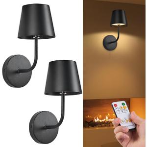 LED Wireless Wall Lamp Set of 2, with 5600mAh Rechargeable Battery Powered Wall Sconces, Touch for Remote Control Infinite Dimming Be Used for Bedroom Mirror Living Room Wall Painting (Black) (Black-2Pack)