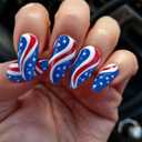 4th of July Press on Nails Medium Almond Patriotic American Flag Fake Nails with Star Design, Independence Day Glue on Nails for Women 24 Pcs