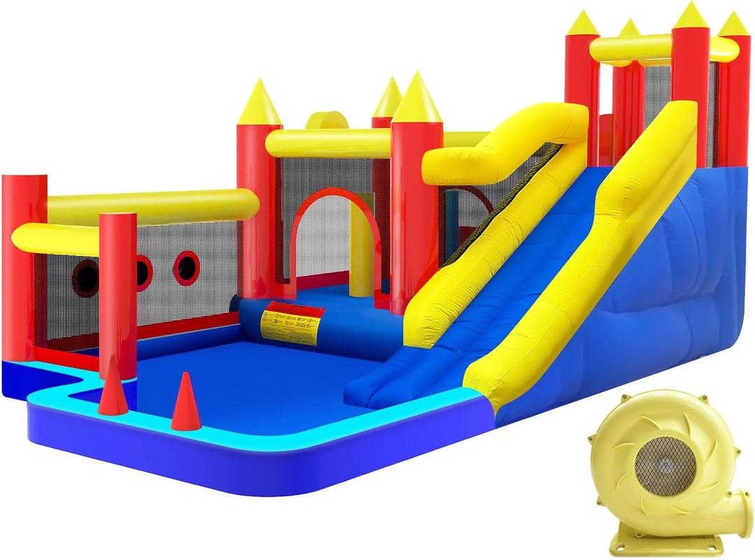 Bounce House,Inflatable Bouncer with Air Blower for Kids 3-10,Outdoor and Indoor Jumping Castle with Long Slide,Trampoline,Obstacles,Climbing Wall,Ball Pit/Water Pool
