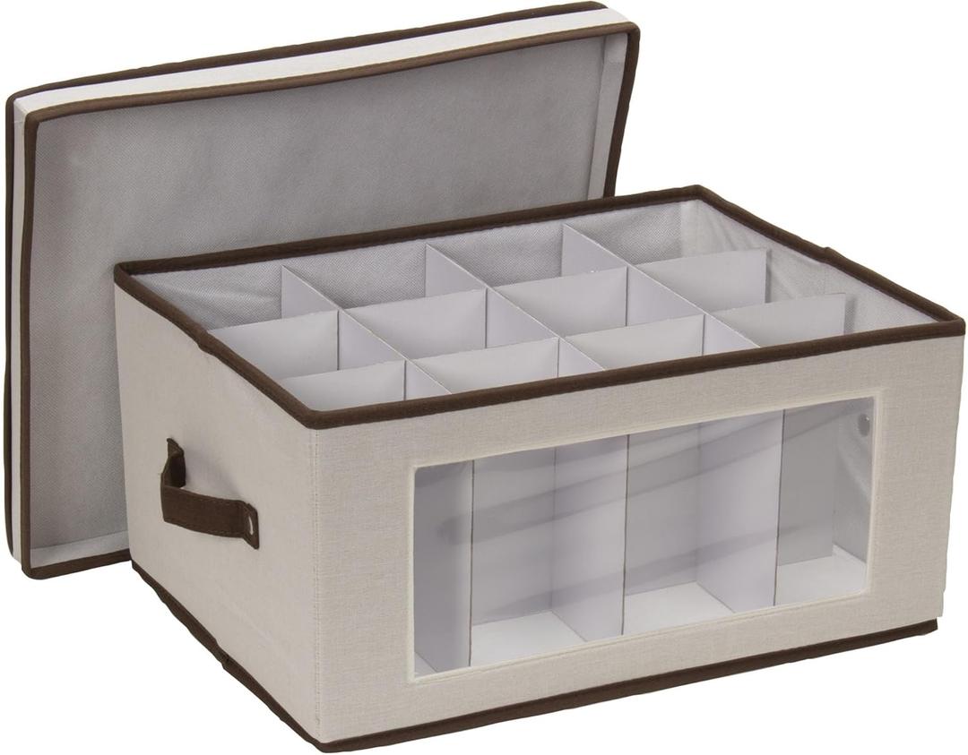 Household Essentials Wine Glass Storage Box, Strong Frame and Handles, Windowed Panel, Fully Removable Lid, Stackable and Foldable, Perfect for Wider Stemware