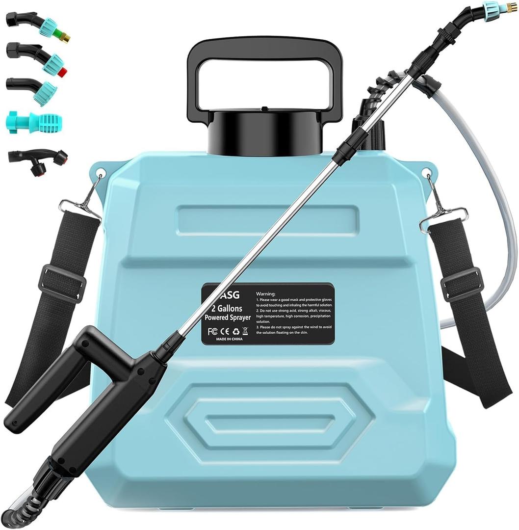 Battery Powered Garden Sprayer 2 Gallon, 7.4V Powerful Electric Pump Sprayer, Weed Sprayer with USB Rechargeable Handle, 5 Mist Nozzles, Retractable Wand, Adjustable Strap for Lawn, Garden, Yard
