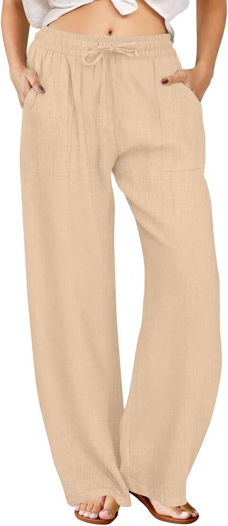 FireSwan Womens Palazzo Pants Casual Drawstring Flowy Pants Wide Leg Summer Beach Linen Trousers with Pockets (Medium, Light Khaki)