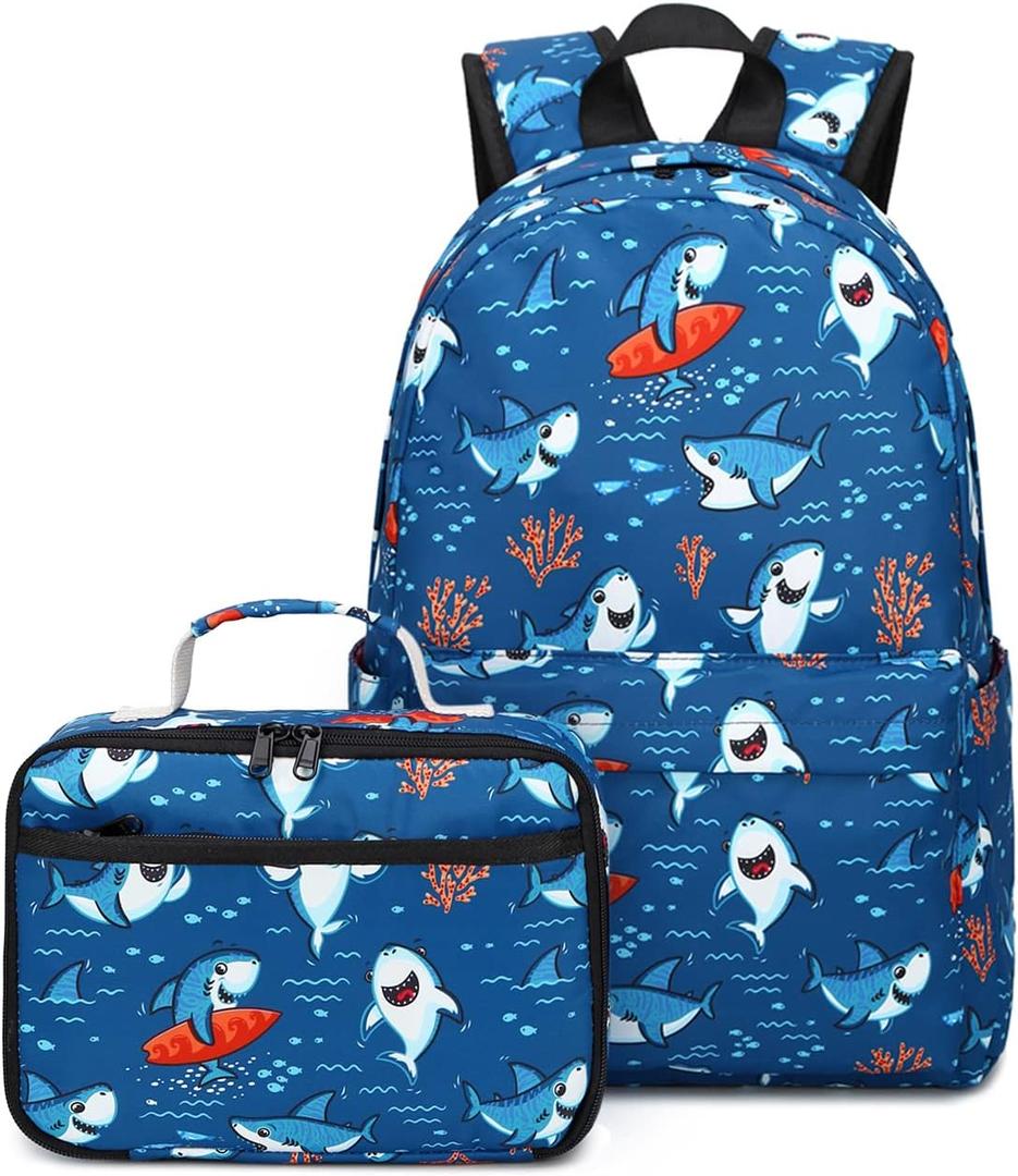 CAMTOP Backpack for Kids, Boys Preschool Backpack with Lunch Box Toddler Kindergarten Shark School Bookbag Set (Y028-2 Shark-Navy Blue)