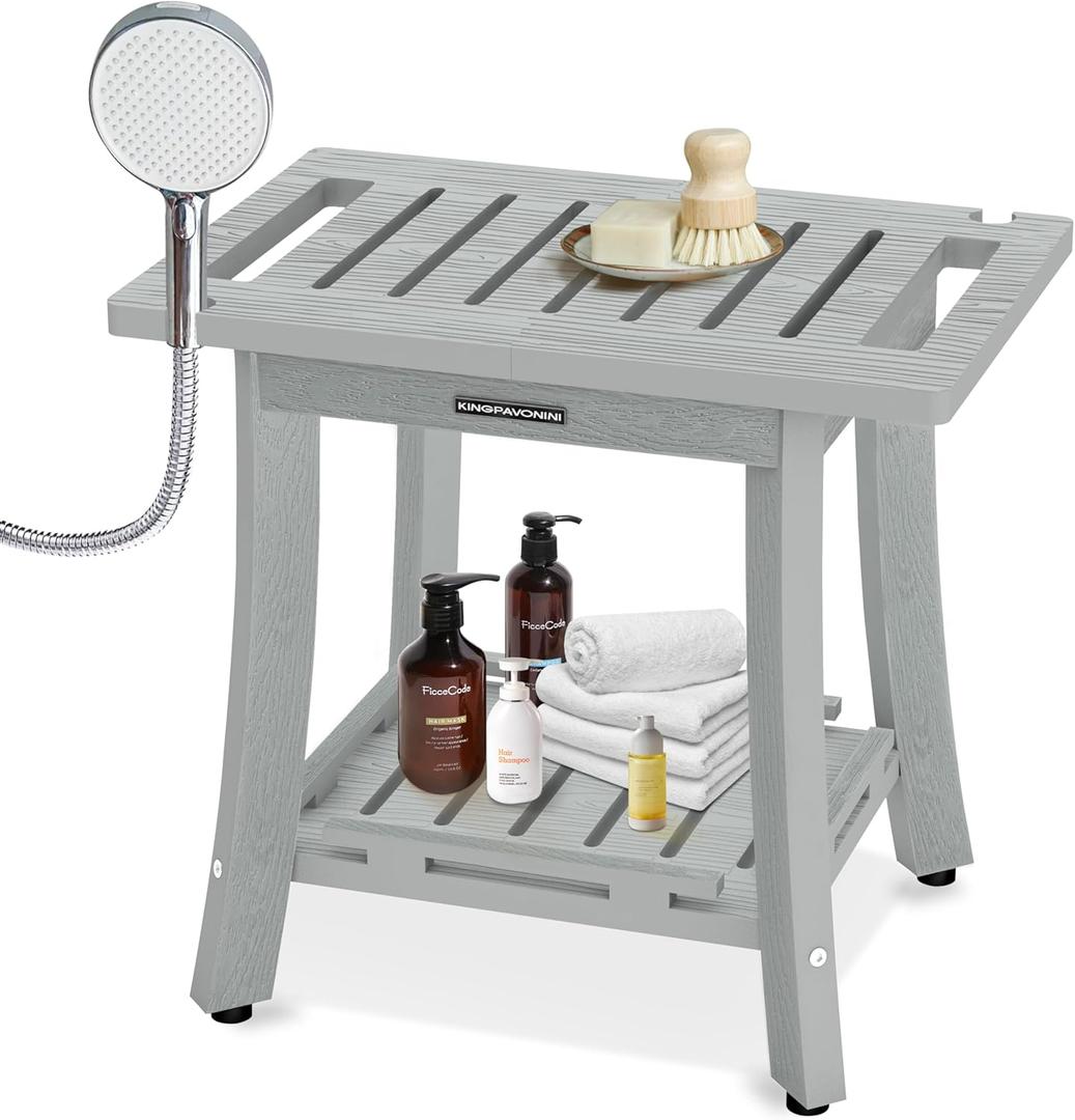 KingPavonini HDPS Shower Benches for Inside Shower to Sit on, Waterproof Shower Stool for Shaving Legs, Heavy Duty 400LBS Shower Seat with Storage Shelf, Shower Chair for Bathroom/Indoor/Outdoor Use (Medium, Grey)