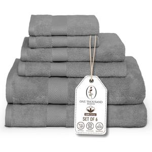 Premium Staple Cotton Bathroom Towel Set - Gray 600 GSM 6-Piece Luxury Bath Towel Set 1 Stripe - 2 Bath Towels, 2 Hand Towels & 2 Washclothes Set - High Absorbent & Quick Dry for Gym, Spa, Hotel, Gray 