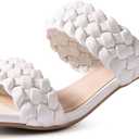 N.N.G Women Heels Sandals Braided Block Nude Summer Chunky Square Leather Woven Comfort Strappy Dress Casual Pumps Mules (6, 2'' Heels White)