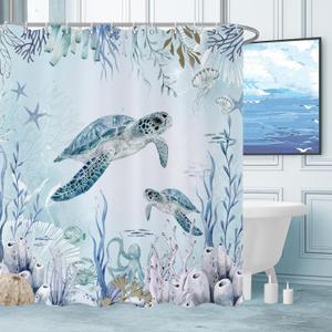 Sea Turtle Shower Curtain, Teal Blue Ocean Beach Coastal Turtle Starfish Jellyfish Underwater Creatures Bathroom Curtain Waterproof Fabric Machine Washable with Hooks, 72" Wx72 L
