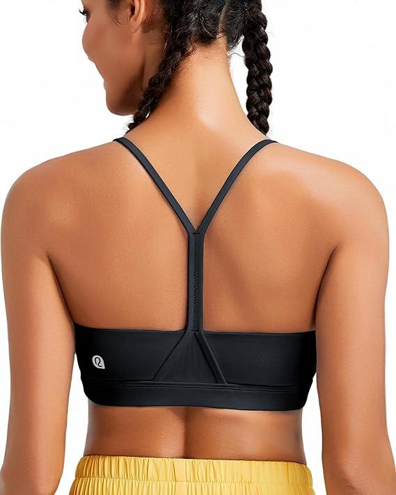 RUNNING GIRL Sports Bra for Women Ruched V Neck - Y Back Spaghetti Thin Strap Wireless Padded Medium Support Yoga Crop Top_WX3094_Black_XXL (Black, XXL)