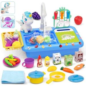 deAO Play Sink with Running Water, Color Changing Children Electric Dishwasher Upgraded Real Faucet and Play Dishes, Pretend Role Play Toys for Kids