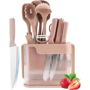 17 Pieces Kitchen Utensils Set and Knife Set with Acrylic Block, Silicone Utensils Set for Cooking, Sharp Stainless Steel Knife Block Set with Built-in Sharpener Dicing Chopping (Pink)