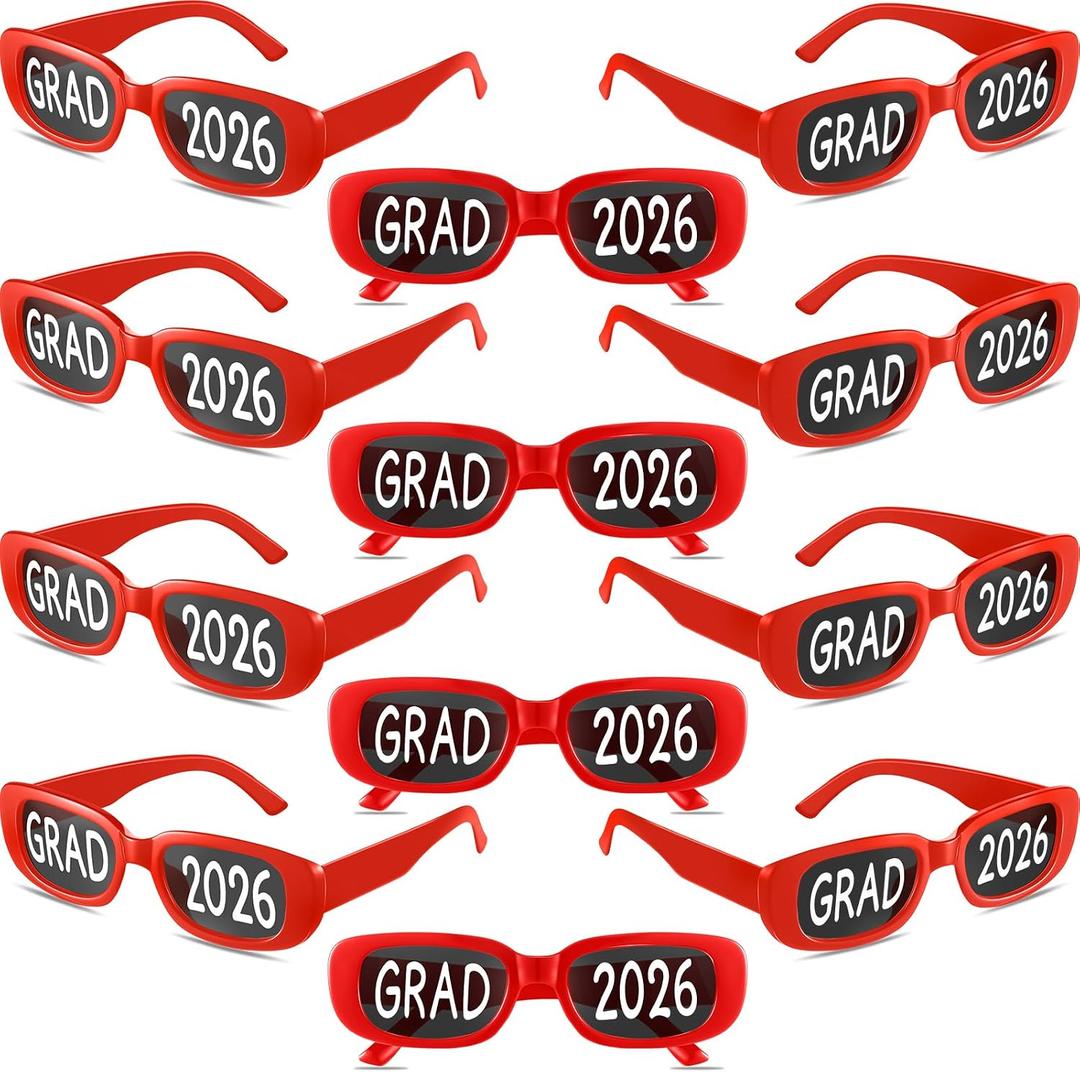12 Pcs 2026 Graduation Glasses Grad 2026 Sunglasses Bulk Plastic Eyeglasses Graduation Party Supplies Photo Props (Red)