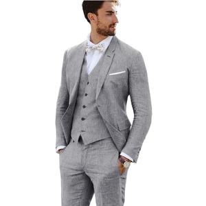 Linen Suit 3 Pieces Vintage Retro Wedding Prom Suits Slim Fit Jacket Blazer Groom Tuxedos (Gray)