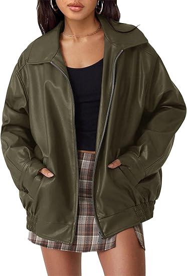 Leather Jacket Women Faux Oversized Motorcycle Bomber Coats 2025 Fall Fashion Outfits Winter Clothes Size M (Color Green)