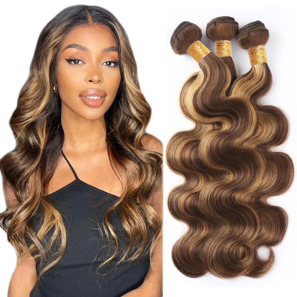 Body Wave Human Hair Bundles 22 24 26 Inch Brazilian Chocolate Honey Blonde Highlight P4/27 Body Wave Bundles Human Hair 300g 12A Unprocessed 100% Soft Sewn In Quick Weave for Black Women