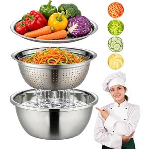Germany Multifunctional Stainless Steel Basin - 2026 New 3-in-1 Grater Strainer and Drain Basket Set with Vegetable Slicer, 10.24 Inch for Kitchen Rinsing Draining Mixing