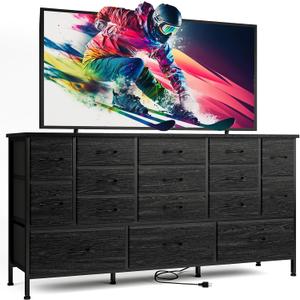 Fixwal 63.3 Inch TV Stand for 65 55 Inch TV Long Black Dresser for Bedroom, 16 Drawer Dresser with Power Outlets, Fabric Chest of Drawers for Bedroom, Entryway, Black