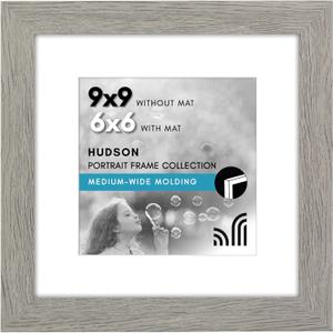 Americanflat 9x9 Picture Frame with Shatter-Resistant Glass - Use as 6x6 Frame with Mat or Display 9x9 Photo Without Mat - Hudson Collection - Wide Square Frames for Tabletop and Wall - Grey Wood