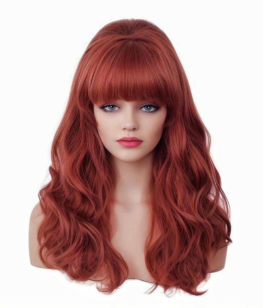 Rugelyss Vintage Long Wavy Auburn Wig with Bang Big Bouffant Beehive Wigs for Women Copper Red Synthetic Hair Wig fits 70s 80s Costume or Halloween Party