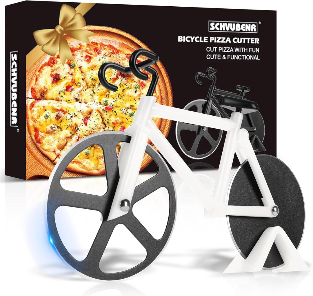 Bicycle Pizza Cutter Wheel - Gifts for Cyclists, Men, Dad, Bike Lovers - Funny Kitchen Gadgets - Cool Fathers Day, Christmas, Birthday, White Elephant Gifts - Stainless Steel Pizza Slicer(White)
