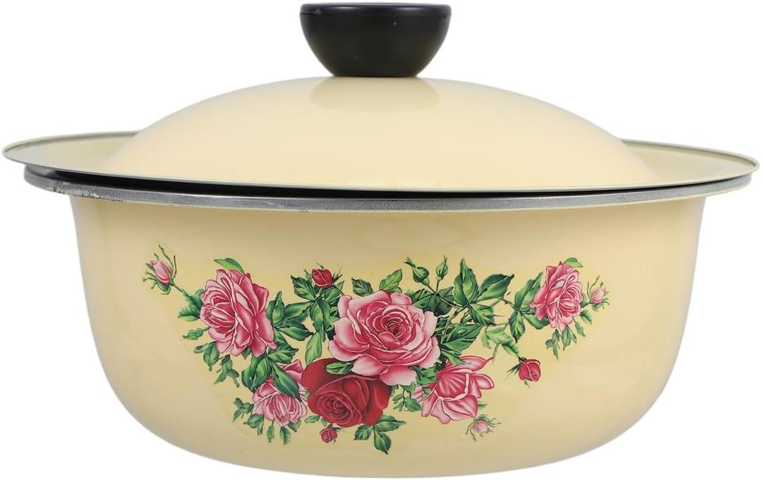 Luxshiny 800ml Vintage Enamel Mixing Bowl with Lid 7Inch/18cm Rustic Kitchen Enamel Pot for Dough Kneading Salad Fruit Washing Kitchen Prep (Random Pattern)
