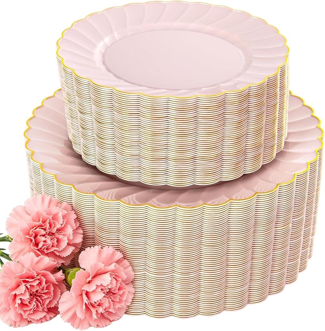 YOUBET 100PCS Pink Scalloped Plastic Plates - Heavy Duty Gold Disposable Fancy Hard Plates Include 50 Dinner Plate, 50 Dessert Plate, for Wedding & Party Mothers Day